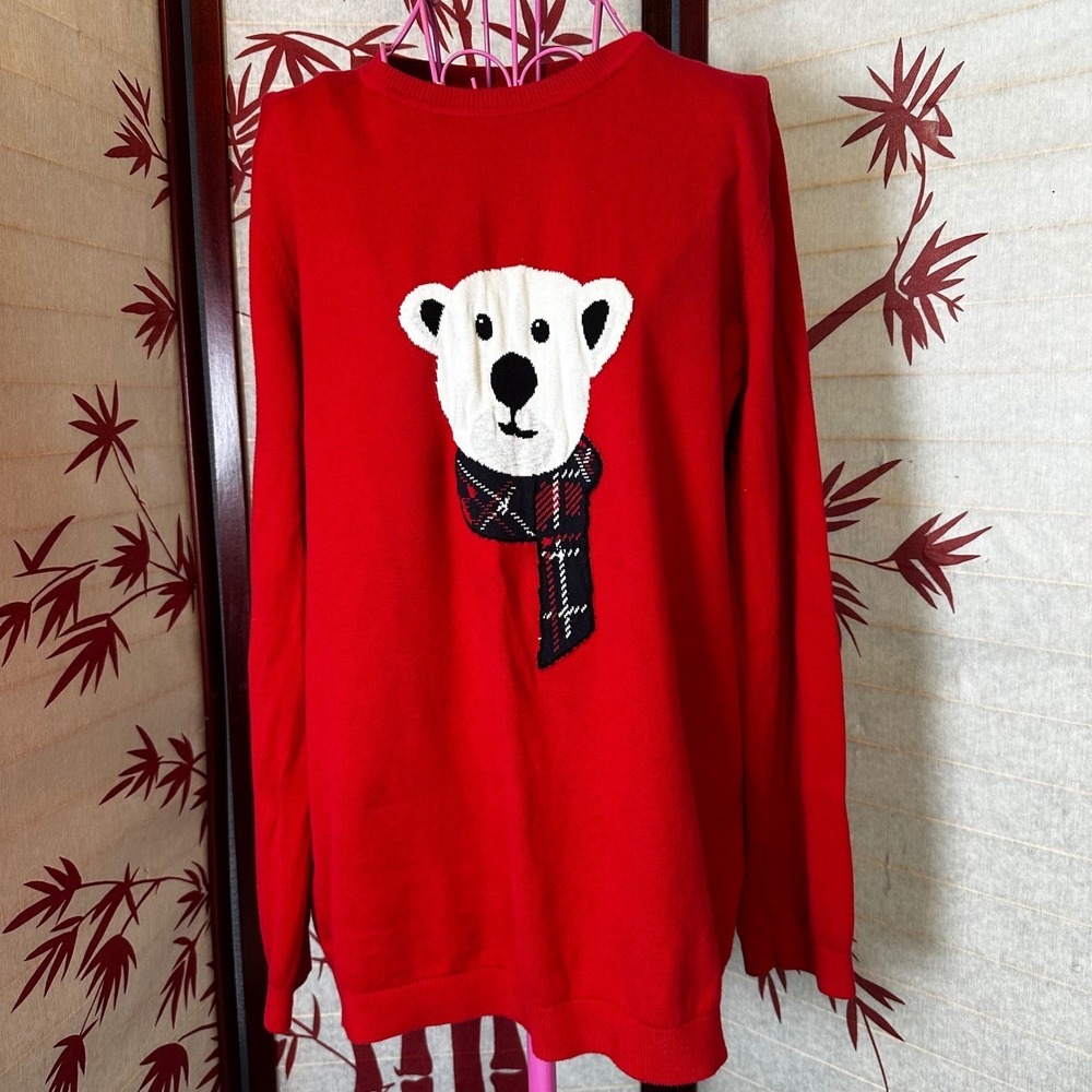 Tommy Hilfiger Red Polar‎ Bear Scarf Crew Neck Sweater XL Cotton Knit Holiday